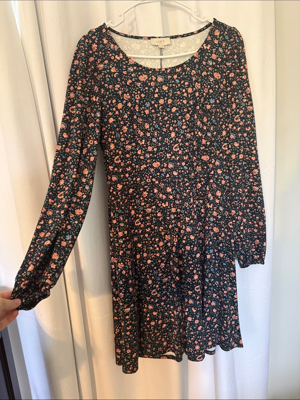 LOFT Navy Dress with Pink Floral Print - Long Sleeve Casual